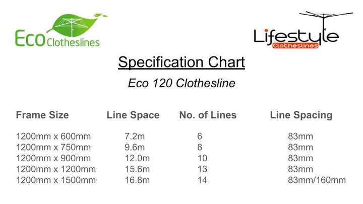 Eco 120 Clothesline - Specification Chart