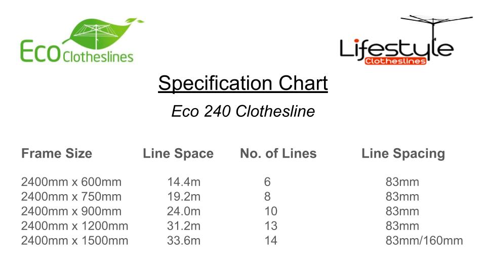 Eco 240 Clothesline - Specification Chart
