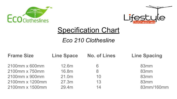 Eco 210 Clothesline - Specification Chart